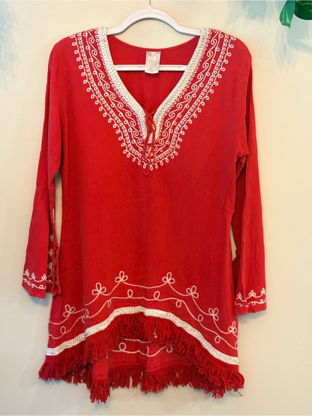 Boho Embroidered Cotton Gauze Fringe Tunic Top - Picture 2 of 7